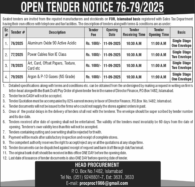 Public Sector Organization Islamabad Tender Notice